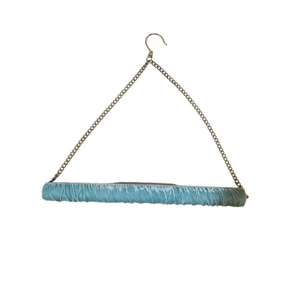 Rare Vintage Blanket Tablecloth Hanger  Blue Velvet Heavy Brass Chain and Hook - Picture 1 of 10